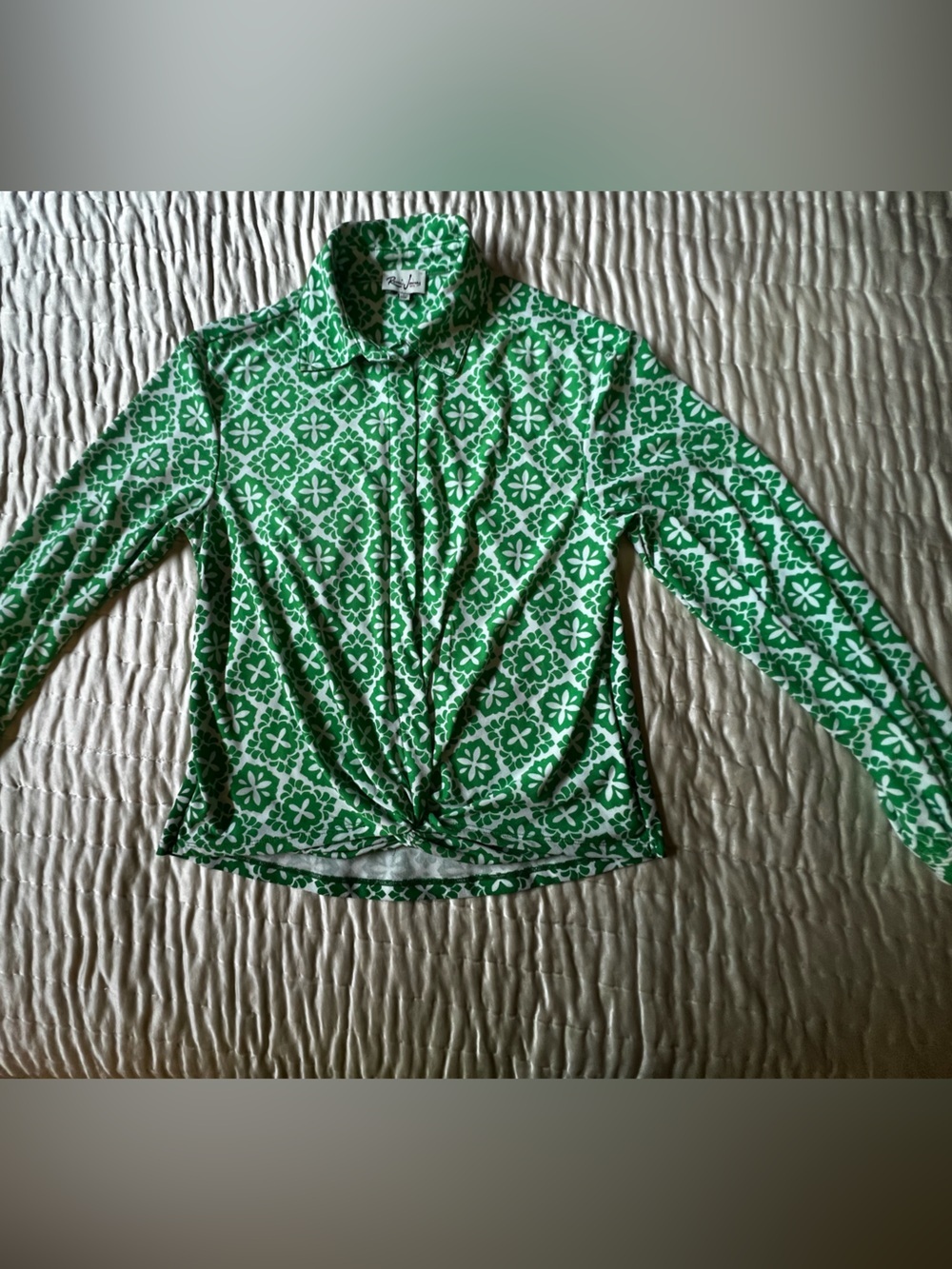 REMI JAMES NYC WOMAN’S LONG SLEEVE GREEN AND WHITE PATTERNED TOP SIZE SMALL